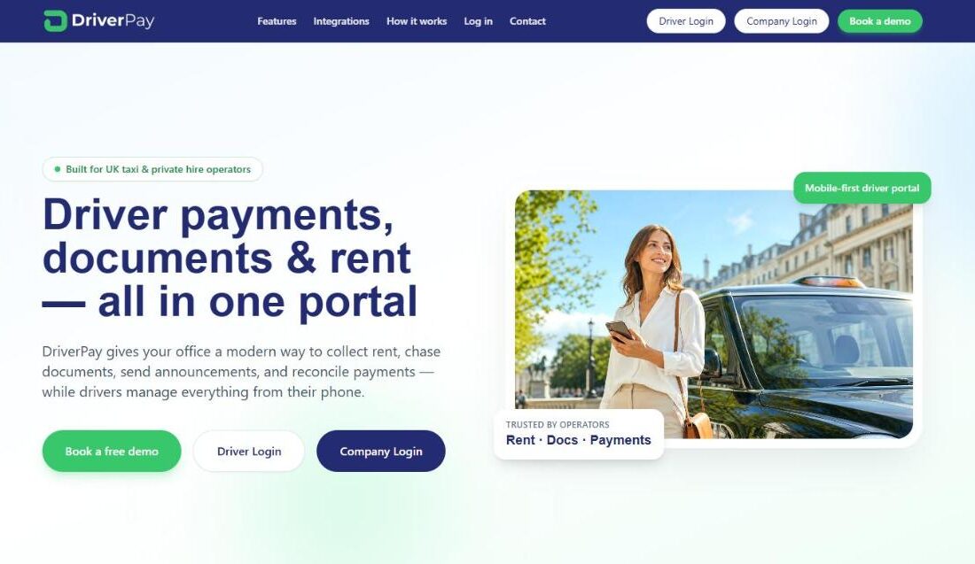 DriverPay homepage – driver payments, documents and rent portal for taxi and private hire operators