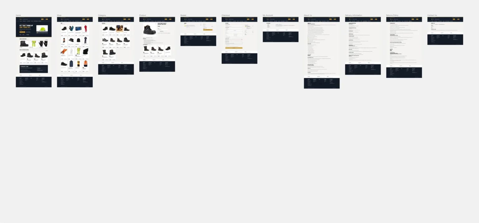 Full page layout designs for the Wigan Workwear website, showing all key pages from homepage to basket and contact